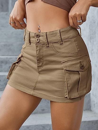 Women's Low Waist Button Bodycon Mini Cargo Denim Skirt with Pocket
