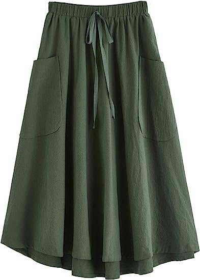 Women's Casual High Waist Pleated A-Line Midi Skirt with Pocket
