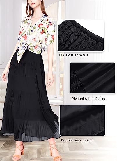 Women's Chiffon Elastic High Waist Pleated A-Line Flared Maxi Skirts