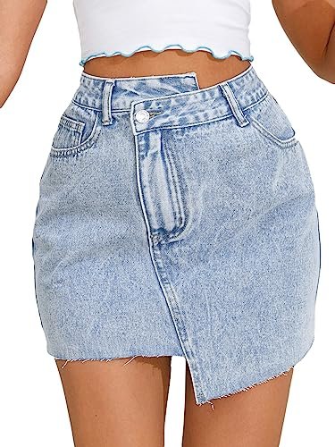 Women's Casual Asymmetrical Waist Jeans Skirt Raw Trim Denim Skirt