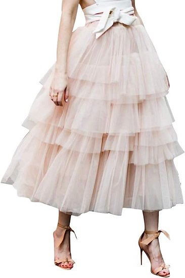 Women's Nude Pink Layered Mesh Tutu A-Line Midi Skirt