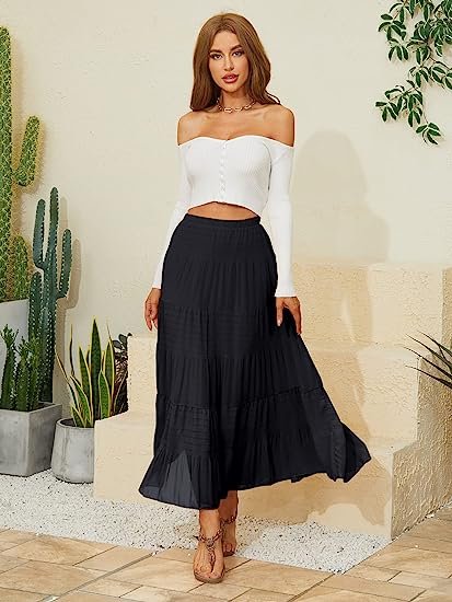 Women's Chiffon Elastic High Waist Pleated A-Line Flared Maxi Skirts