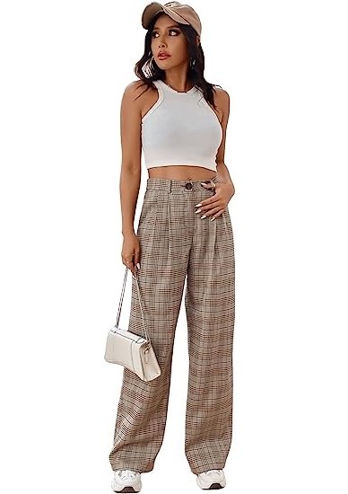 Women's Casual Plaid Print Pants High Waist Wide Leg Pleated Trouser Pants