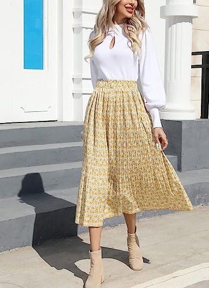 Womens High Waist Polka Dot Pleated Skirt Midi Swing Skirt with Pockets